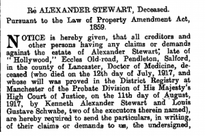 Alexander Stewart Probate Annoucement 1917