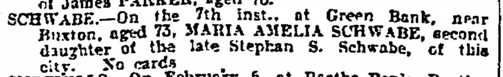 Maria Amelia Schwabe Death Notice Feb 10 1909