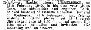 John Cran Shipbuilder Death Notice